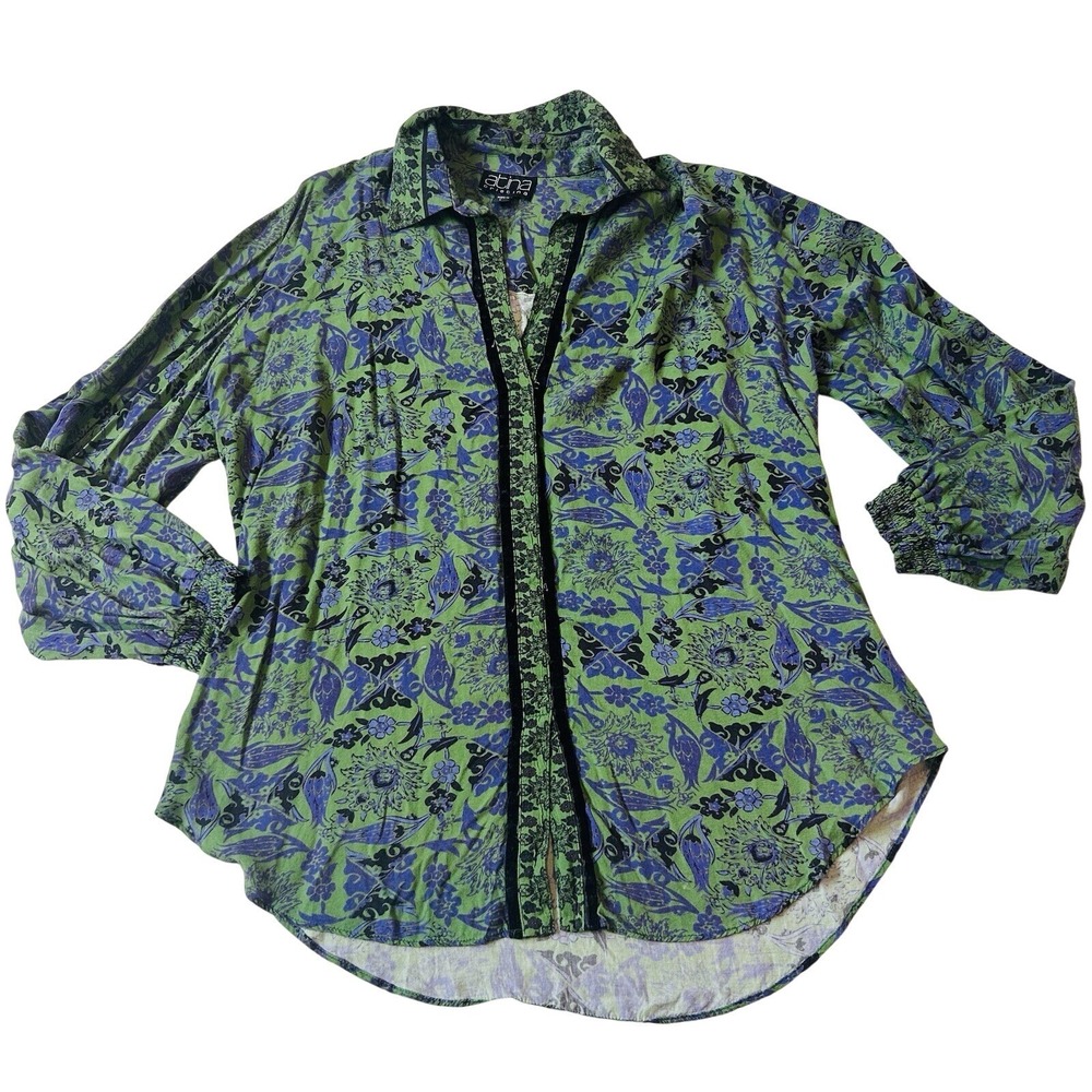 Atina Cristina Womens L Bohemian Blouse Velvet Trim Green Purple Whimsigoth